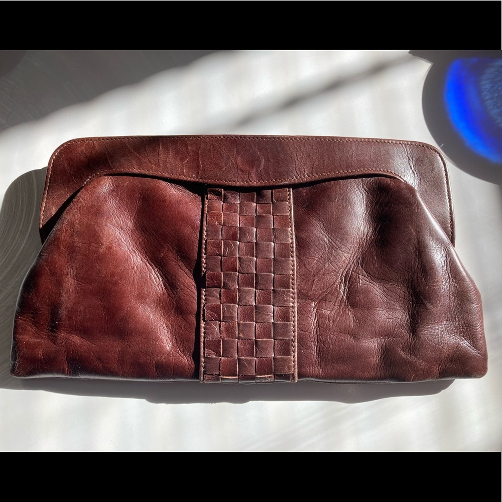 ELF Brown Woven Leather Clutch Purse 13.5” W 7.5” T